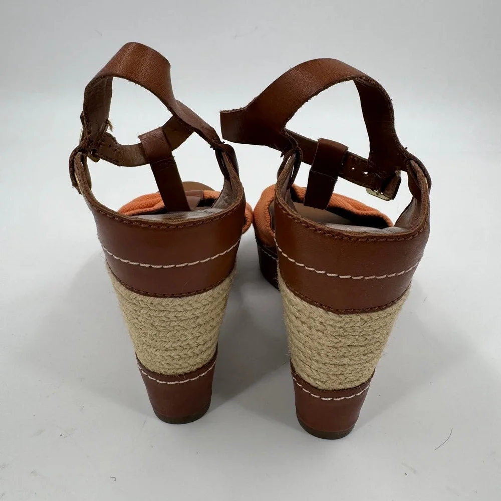 Franco Sarto Riviera Wedge Sandal Womens 8.5 Brown Orange Leather Bow Espadrille